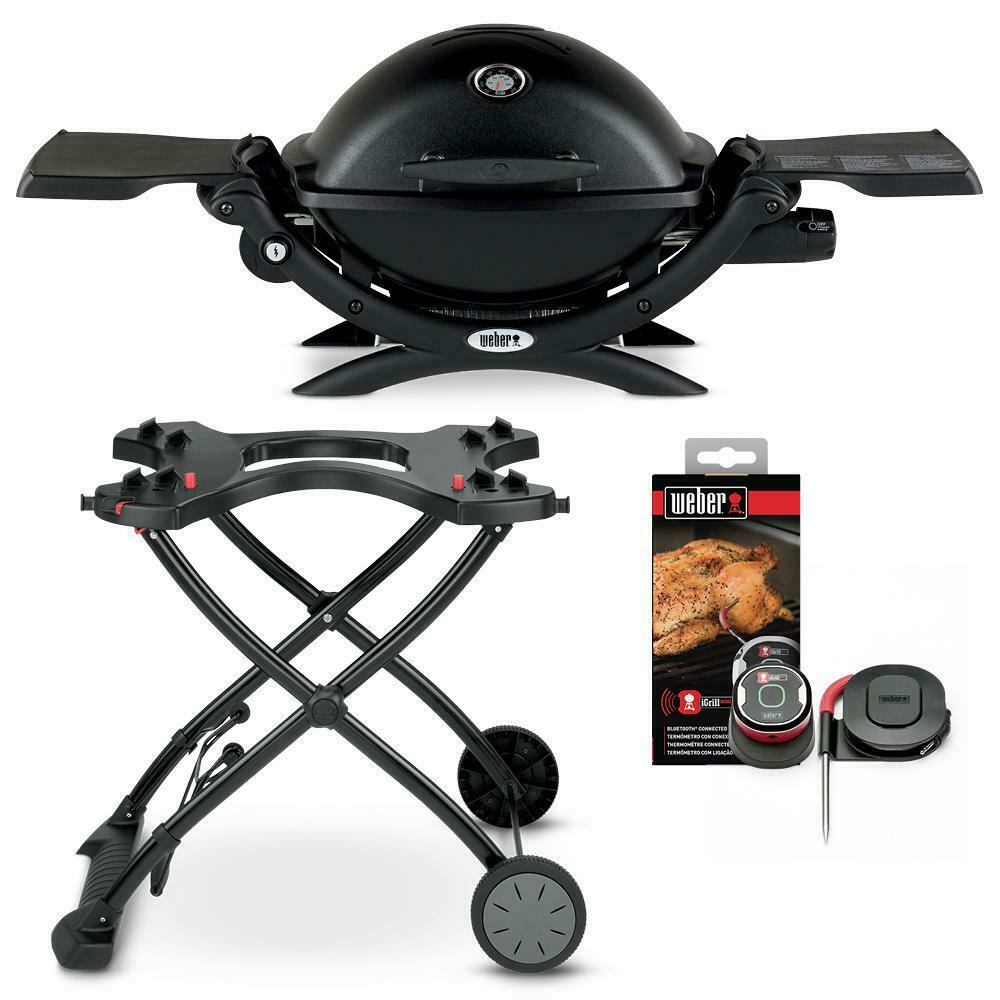 Weber 18107 Q 1200 1-Burner Portable Propane Gas Grill Combo in Black with Rolling Cart and iGrill Mini