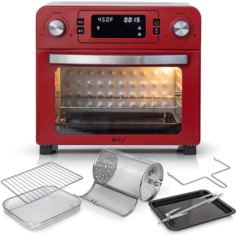 Deco Chef TQAIRRED 24 QT Red Stainless Steel Countertop 1700 Watt Toaster Oven with Built-in Air Fryer and Included Rotisserie Assembly. Grill Rack. Frying Basket. and Baking Pan