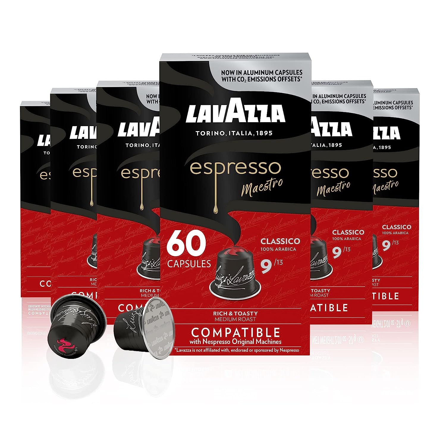 Lavazza Espresso Classico Medium Roast 100% Arabica Aluminum Capsules Compatible with Nespresso Original Machines (Pack of 60) .Value Pack. Sweet and balanced. dark crema. Intensity 9 of 13