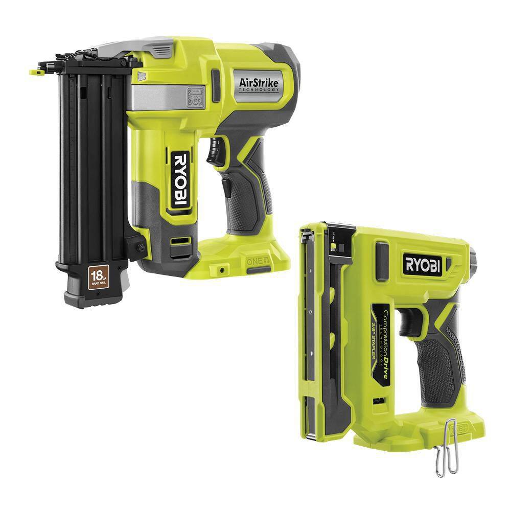 RYOBI P321-P317 ONE+ 18V 18-Gauge Cordless AirStrike Brad Nailer with Cordless Compression Drive 3/8 in. Crown Stapler (Tools Only)
