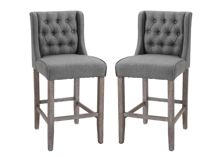 HOMCOM 39.75″ Grey Wingback Rubberwood 26.25″ Bar Chair with Linen Seat. 2 Included