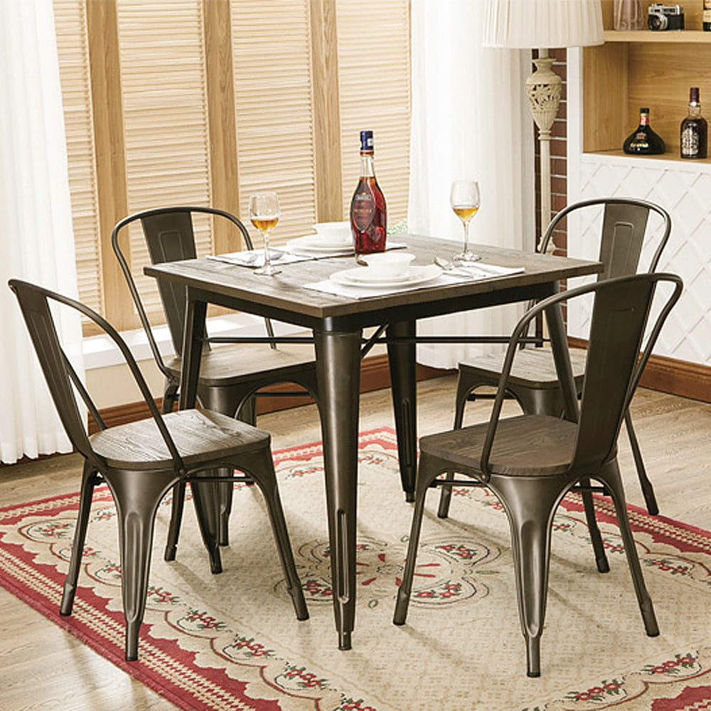 Alden Design Metal Stackable Dining Chairs with Wooden Seat. Set of 4. Gunmetal Gray