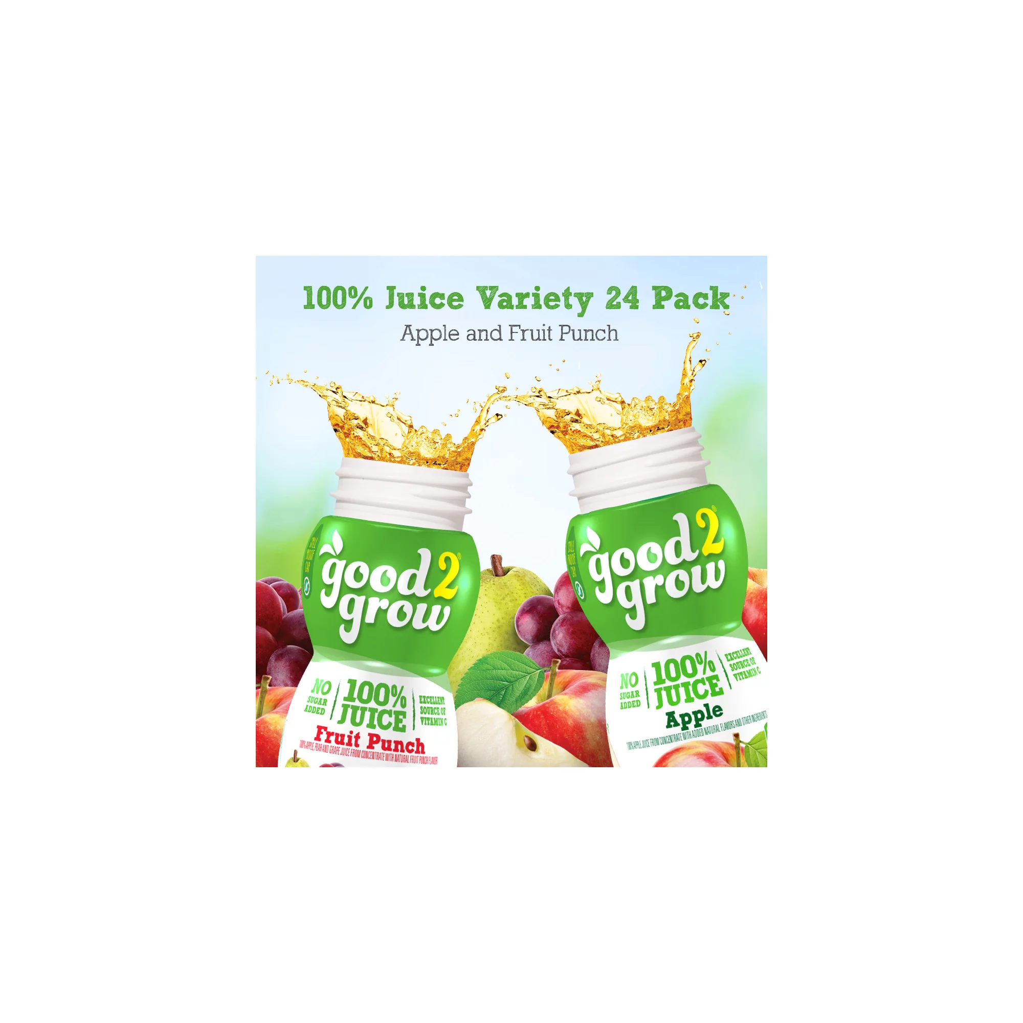 good2grow 100% Apple and Fruit Punch Juice Refill. Variety Pack of 24. 6-Ounce BPA-Free Juice Bottles. Non-GMO w/ No Added Sugar. and an Excellent Source of Vitamin C. SPILL PROOF TOPS NOT INCLUDED