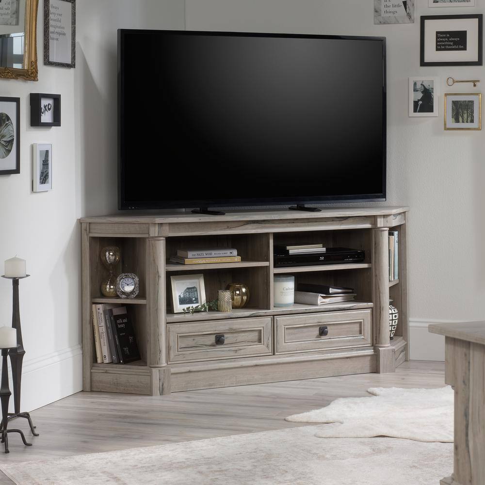 SAUDER  Palladia 61 in. Oak Engineered Wood Corner TV Stand with 2 Drawer Fits TVs Up to 60 in. with Adjustable Shelves