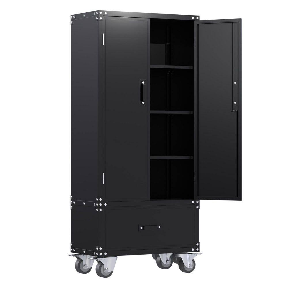 Hephastu HD-MD-GDL-B 32.3 in. W x 72 in. H x 16 in. D Metal Rolling Storage Cabinet with Drawer. Rivet Style Freestanding Cabinet in Black