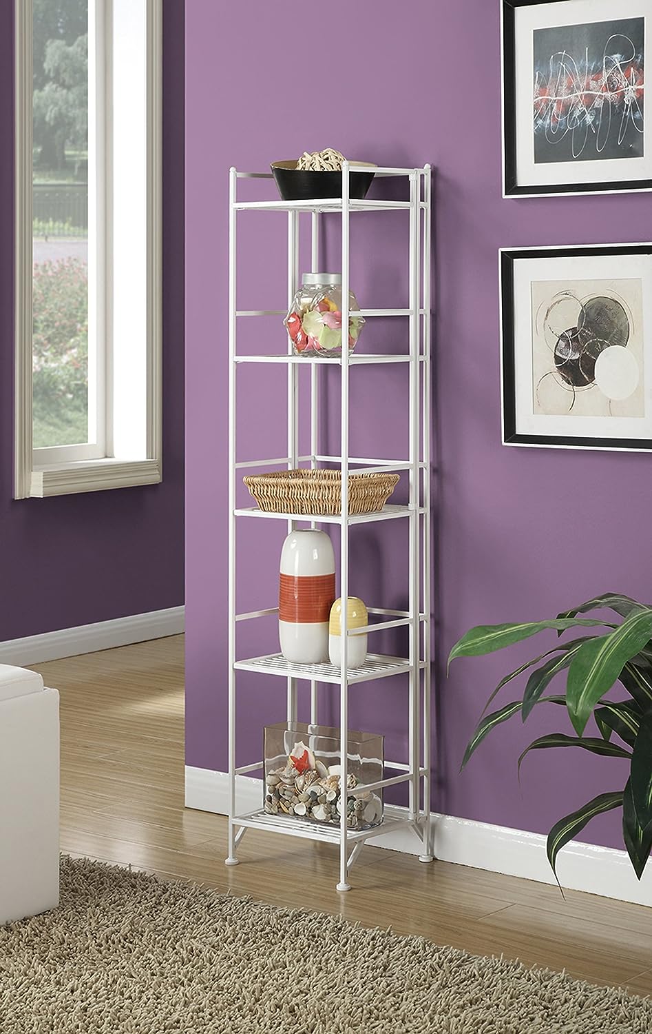 Convenience Concepts Xtra Storage Shelves - 5-Tier Folding Metal Shelving. Modern Shelves for Storage and Display in Living Room. Bathroom. Office. Kitchen. Garage. White