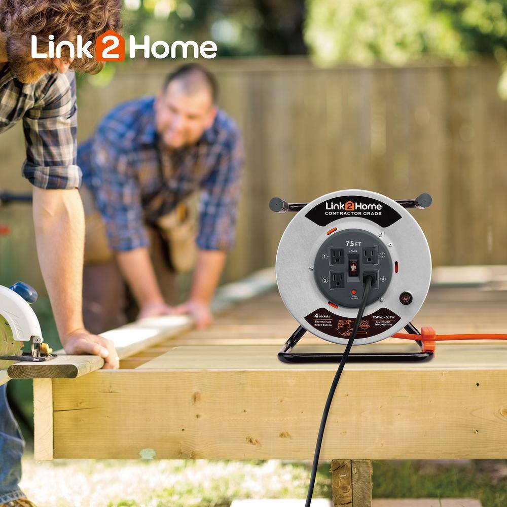 Link2Home EM-CG-750E 75 ft. 12/3 Extension Cord Storage Reel with 4 Grounded Outlets and Surge Protector