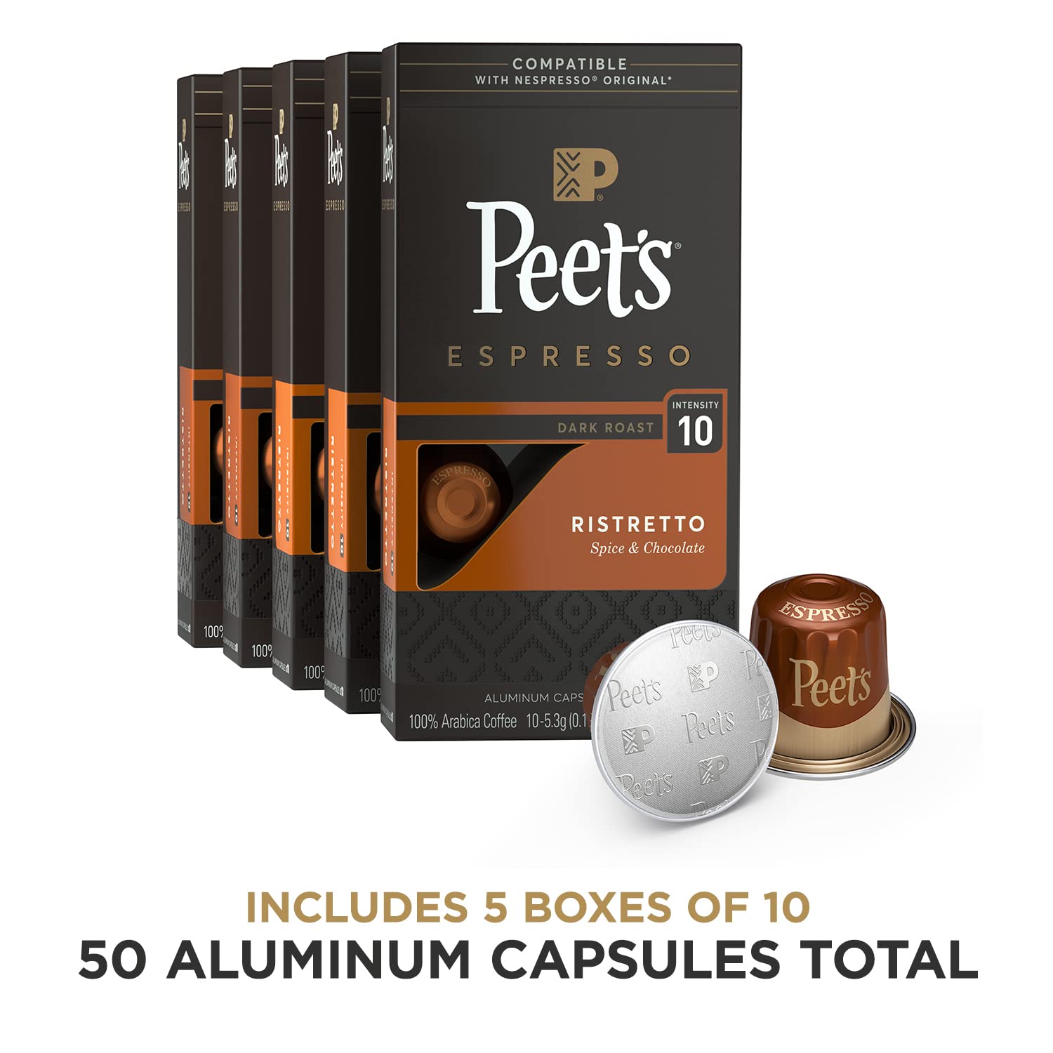 Peet-s Coffee Espresso Capsules Ristretto. Intensity 10. 50 Count Single Cup Coffee Pods Compatible with Nespresso Original Brewers