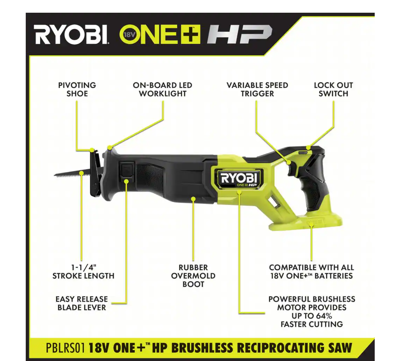RYOBI PBLRS01B ONE+ HP 18V Brushless Cordless Reciprocating Saw (Tool Only)
