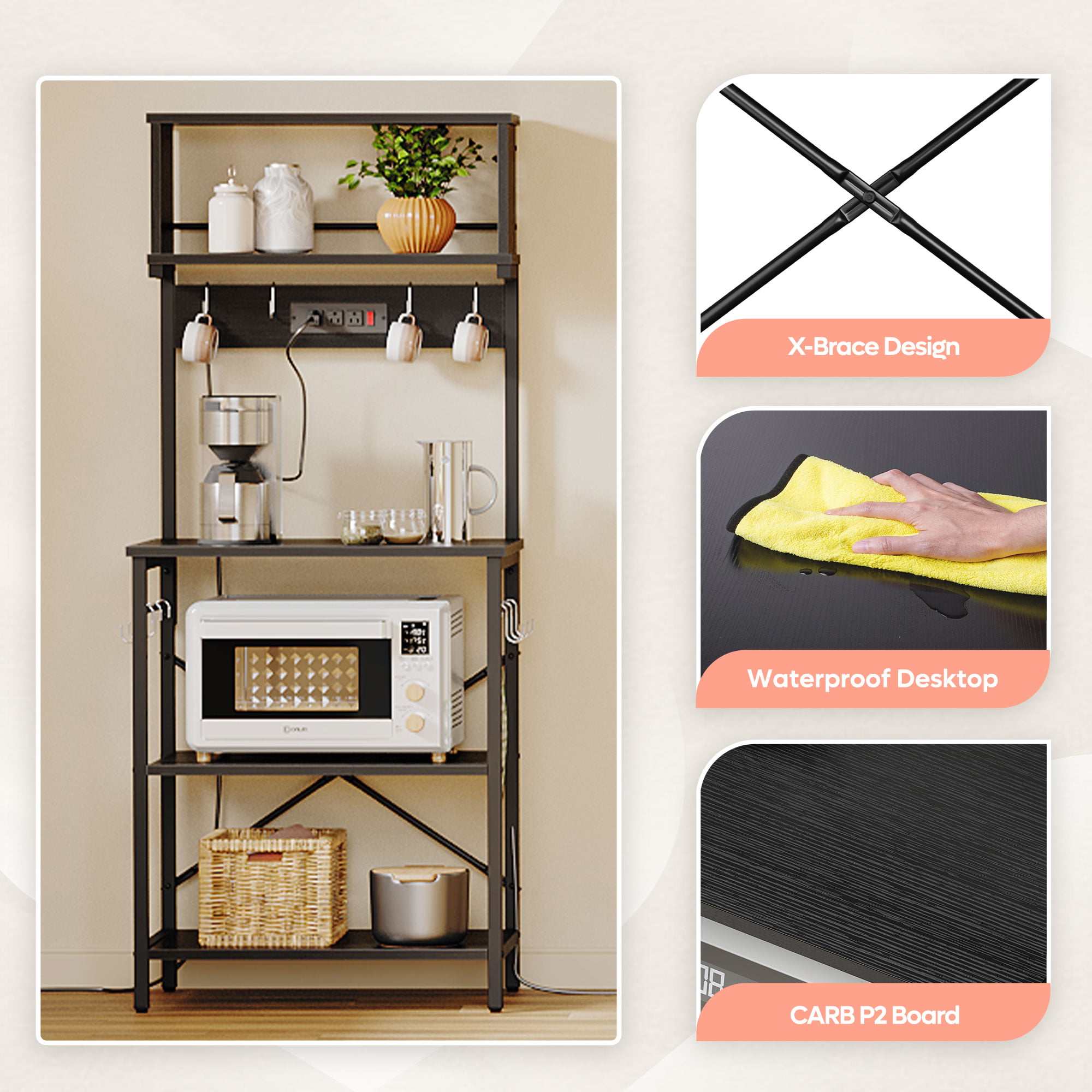 Bestier 60.3 inch 5-Tier Kitchen Bakers Rack with Power Outlets Wood Kitchen Rack in Black