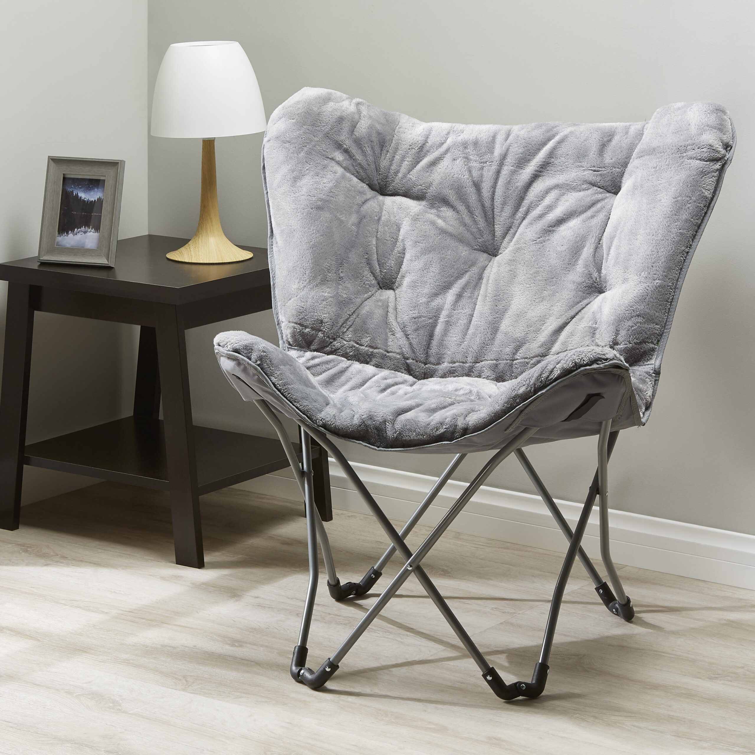 Mainstays Folding Faux Fur Butterfly Chair. Gray