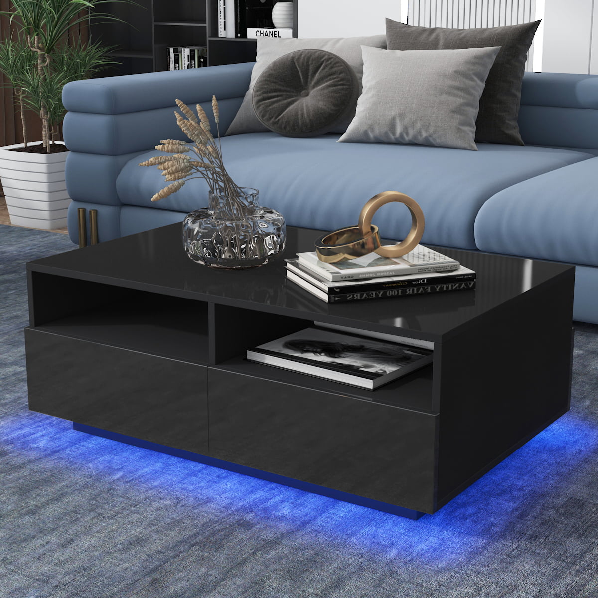 High Gloss Coffee Table LED Coffee Centre Table with Storage for Living Room. Black