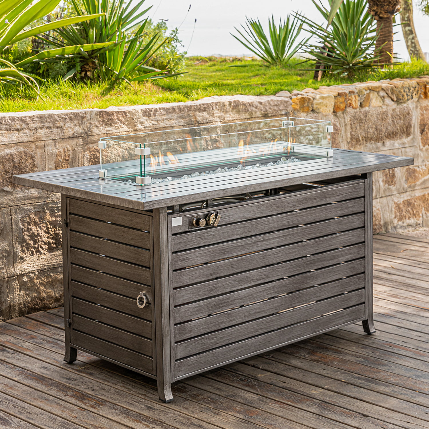 COSIEST Outdoor Propane Hand Painted Faux Grey Birch Fire Pit with Wind Guard