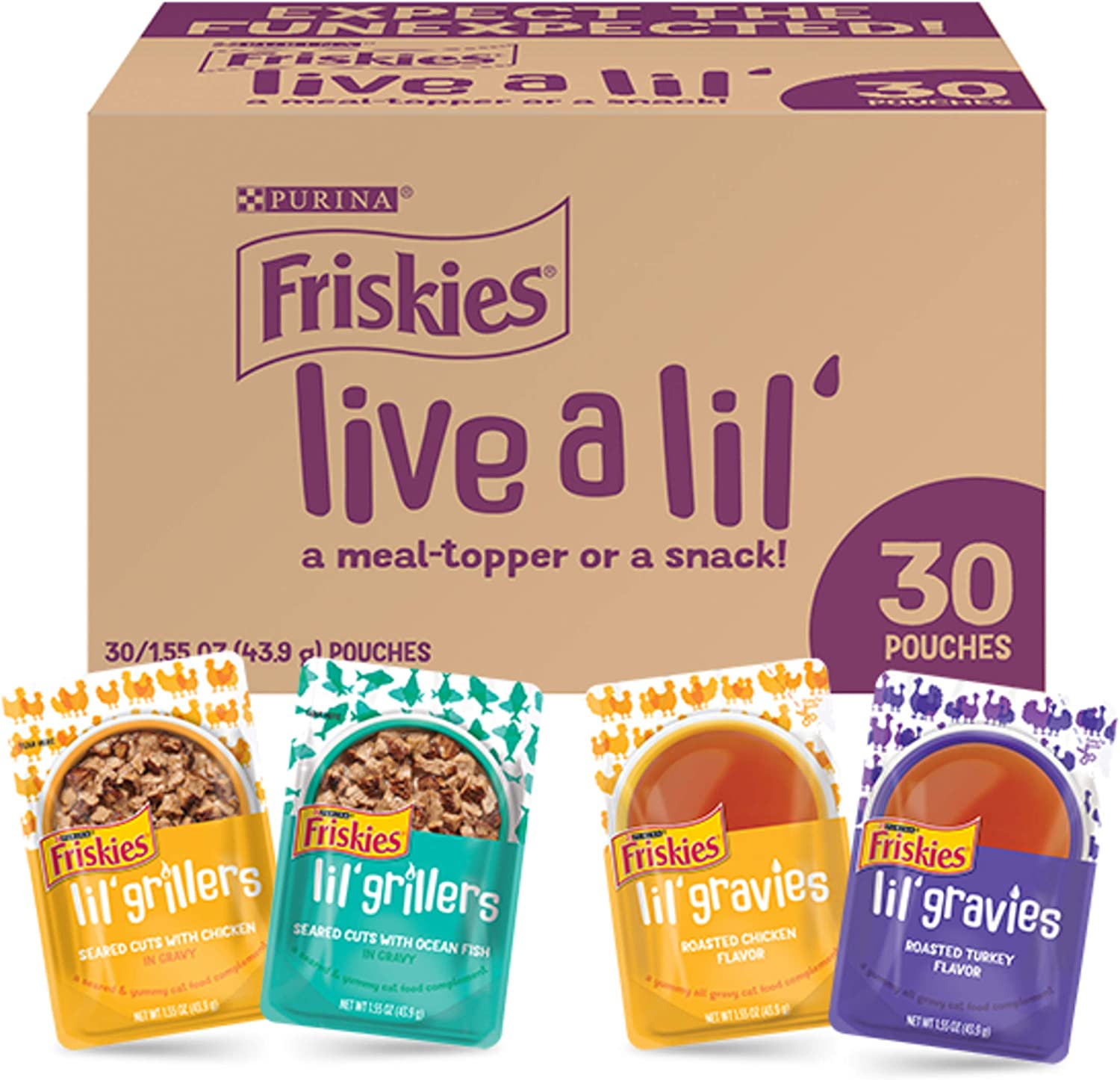 Purina Friskies Gravy Wet Cat Food Complement Variety Pack Lil- Gravies and Lil- Grillers - (30) 1.55 oz. Pouches