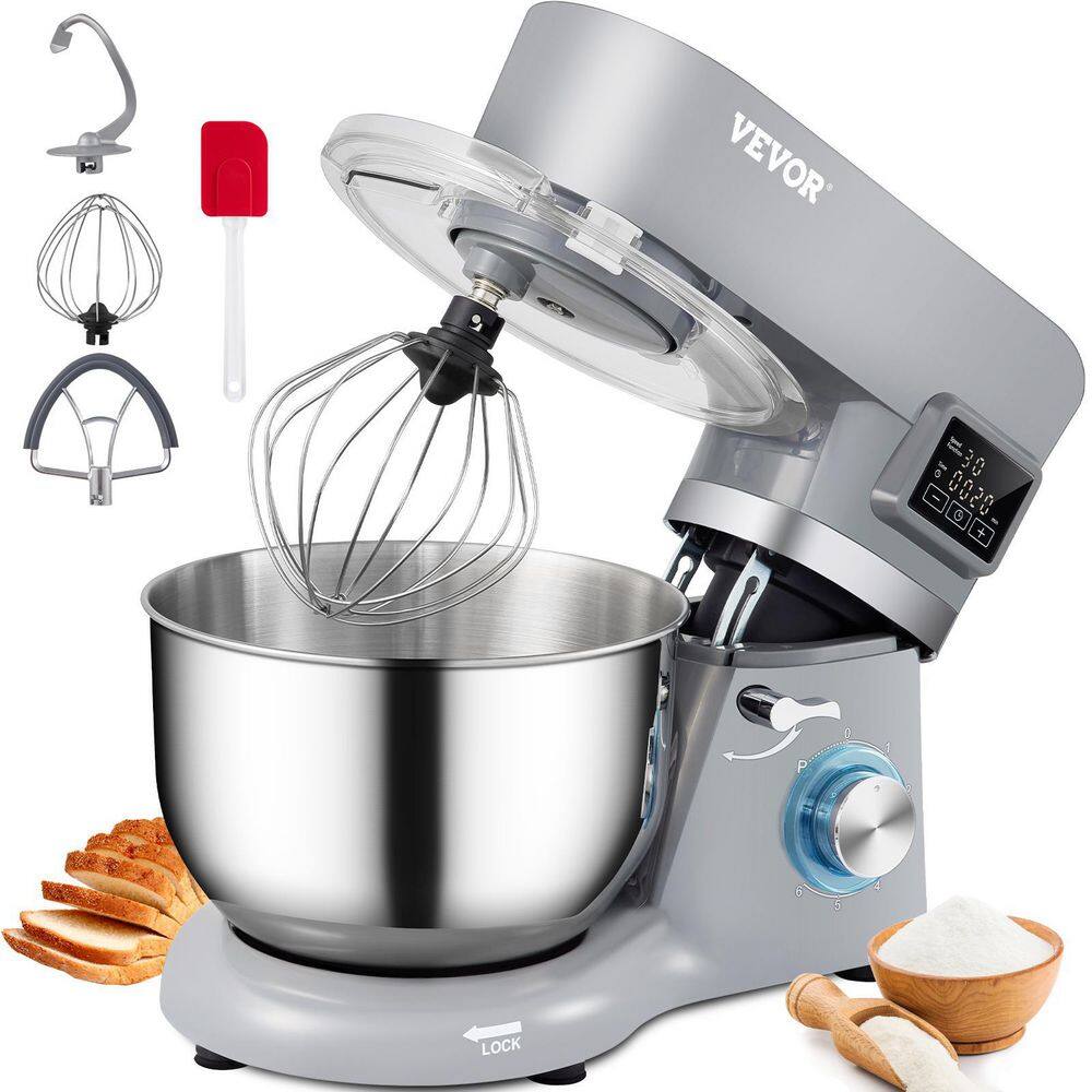 VEVOR  Stand Mixer 660W Electric Dough Mixer with 6 Speeds LCD Screen Timing Food Mixer with 5.8 Qt. Stainless Steel Bowl. Gray