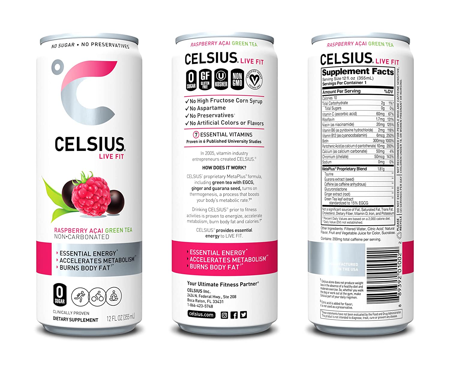 CELSIUS Essential Energy Drink. Raspberry Acai Green Tea. 12 Fl Oz (Pack of 12)