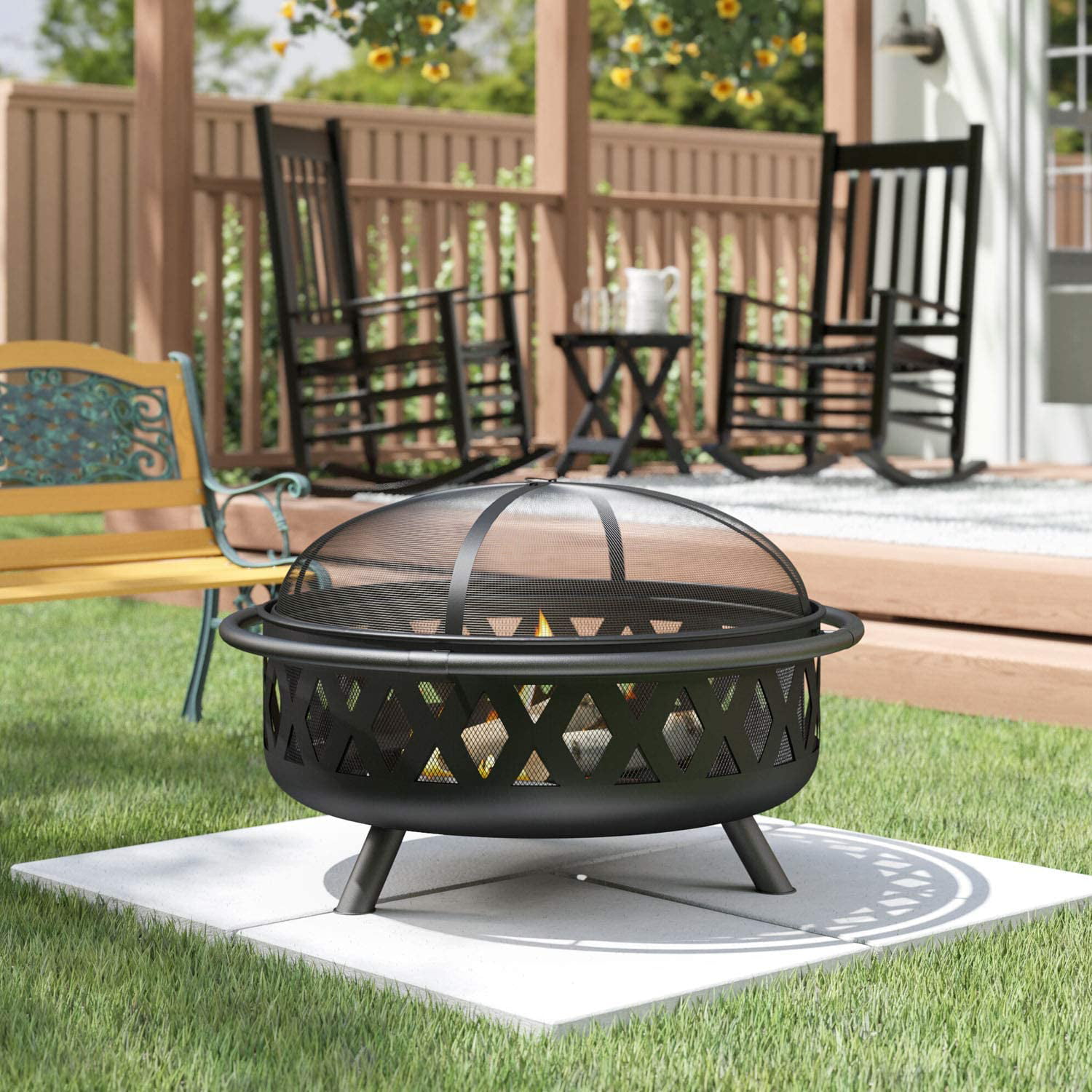 Saunder Fire Pit - Sphere Outdoor Wood Burning and Grill for Camping and Picnic - Portable Steel Frame with Legs. Mesh Cover. Poker