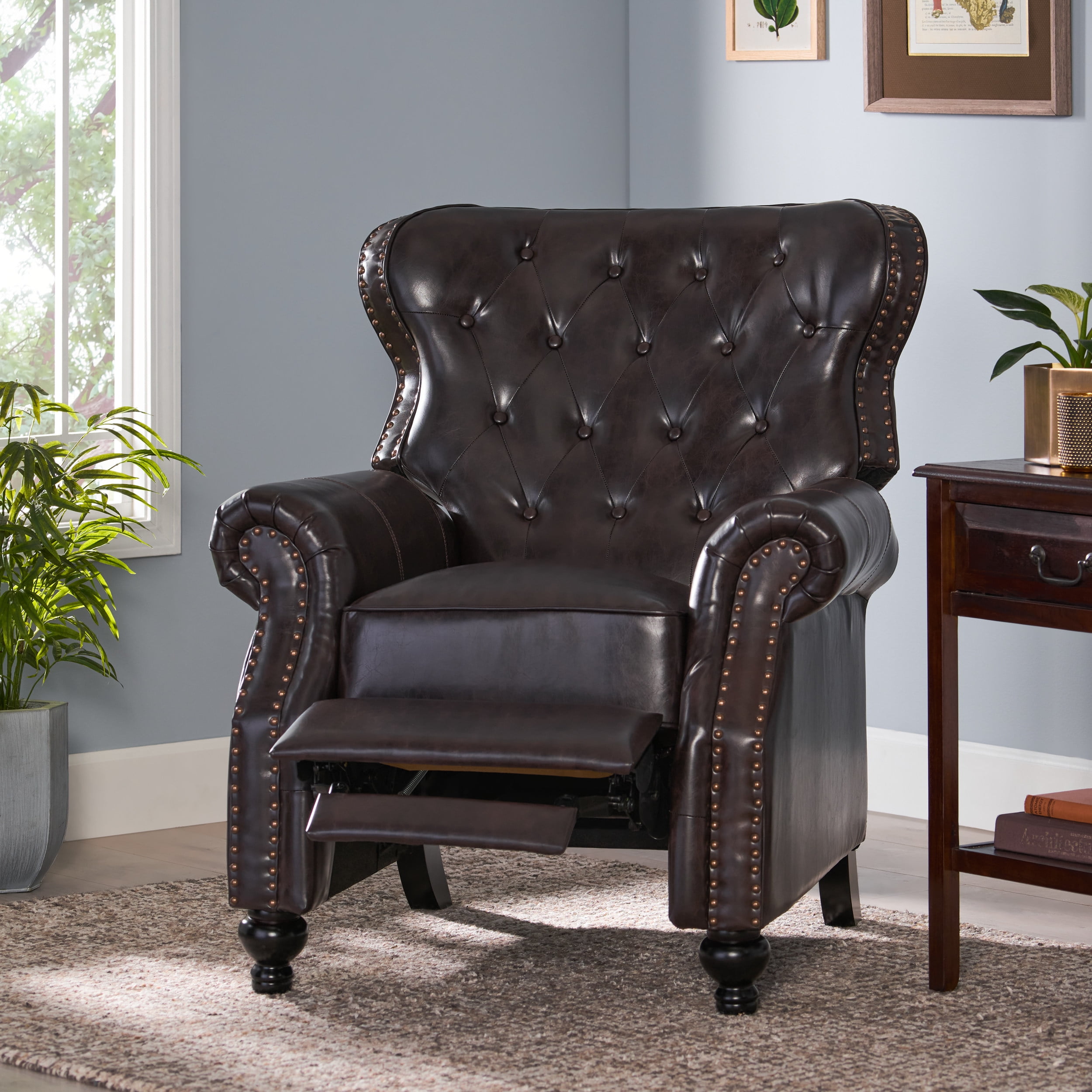 Noble House Wheaton Standard Reconstituted Bycast Bonded Leather Wingback Recliner. Brown