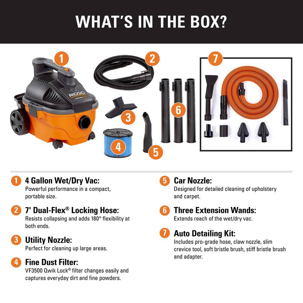 RIDGID WD4070C 4 Gallon 5.0 Peak HP Portable Wet/Dry Shop Vacuum with Fine Dust Filter. Hose. Accessories and Premium Car Cleaning Kit