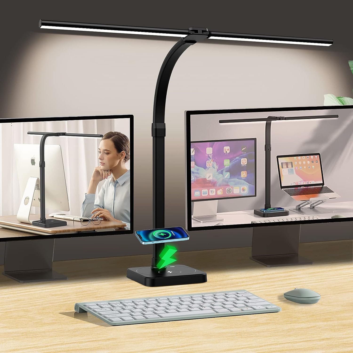 AKRRYR LED Desk Lamp for Home Office. Double Head 24W Desk Lamp with USB Charging Port & Wireless Charger
