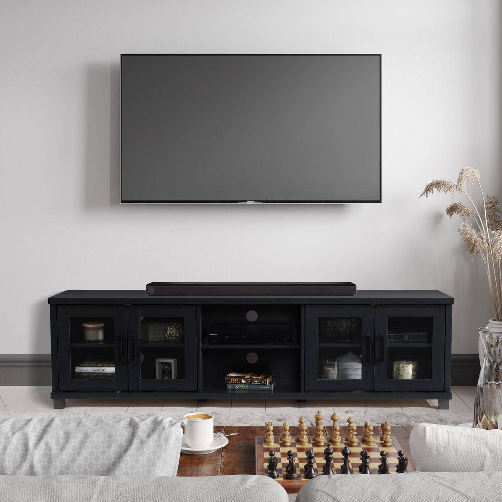CorLiving  Fremont Black Ravenwood TV Bench with Glass Cabinets for TVs up to 90 in.