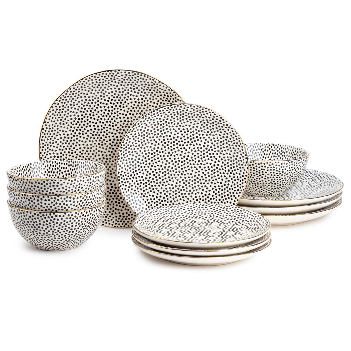 Thyme & Table Dinnerware Black & White Dot Stoneware. 12 Piece Set