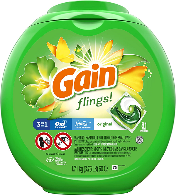 Gain flings Laundry Detergent Soap Pacs. High Efficiency. 81 Count