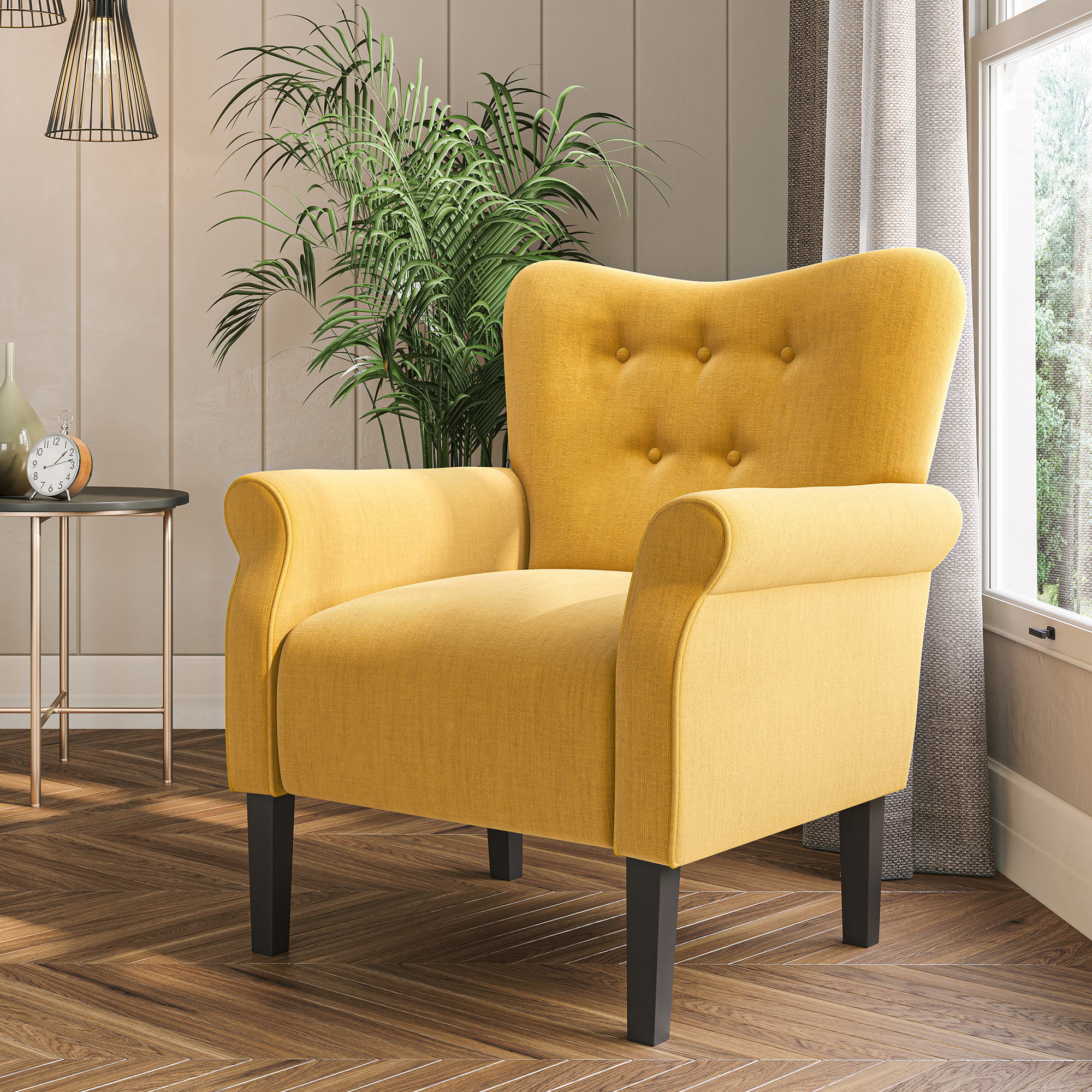 Belleze Modern Accent Chair Roll Arm Linen Living Room Bedroom Wood Leg (Citrine Yellow)