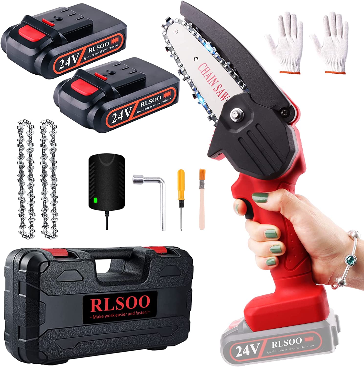 Mini Chainsaw. RLSOO Upgraded 4-Inch 24V Battery Powered Cordless Chainsaw. Portable One-Handed Rechargeable Electric Chainsaw for Tree Trimming Branch Wood Cutting2 Batteries. 2 Chains Included