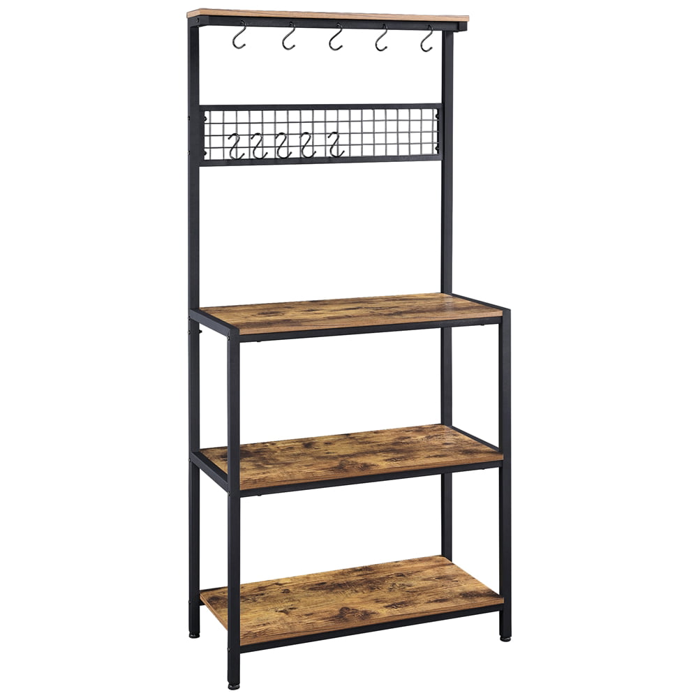Alden Design 67″ Wooden Kitchen Bakers Rack with Storage Shelves & 10 Hooks. Rustic Brown