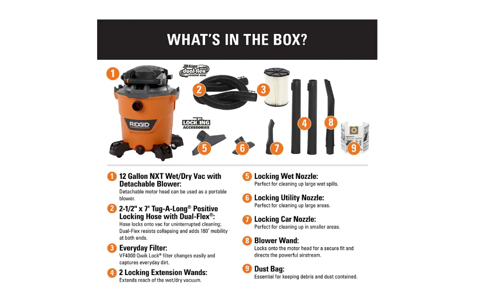 RIDGID HD1280 12 Gal. 6.0-Peak HP NXT Wet/Dry Shop Vacuum with Detachable Blower. Filter. Dust Bag. Hose and Accessories