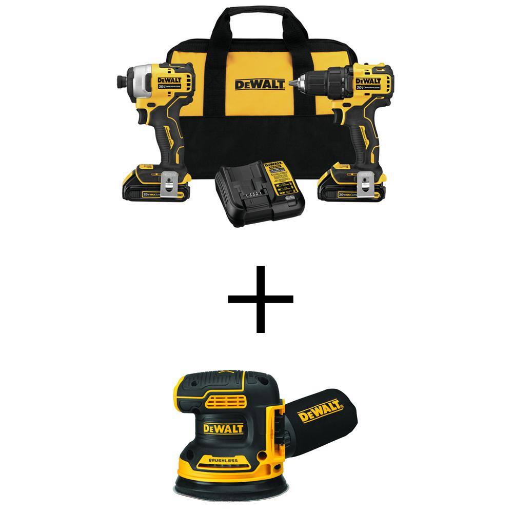 DEWALT DCK278C2WDCW210 ATOMIC 20-Volt MAX Cordless Brushless Compact Drill/Impact Combo Kit (2-Tool) and Brushless 5 in. Random Orbital Sander
