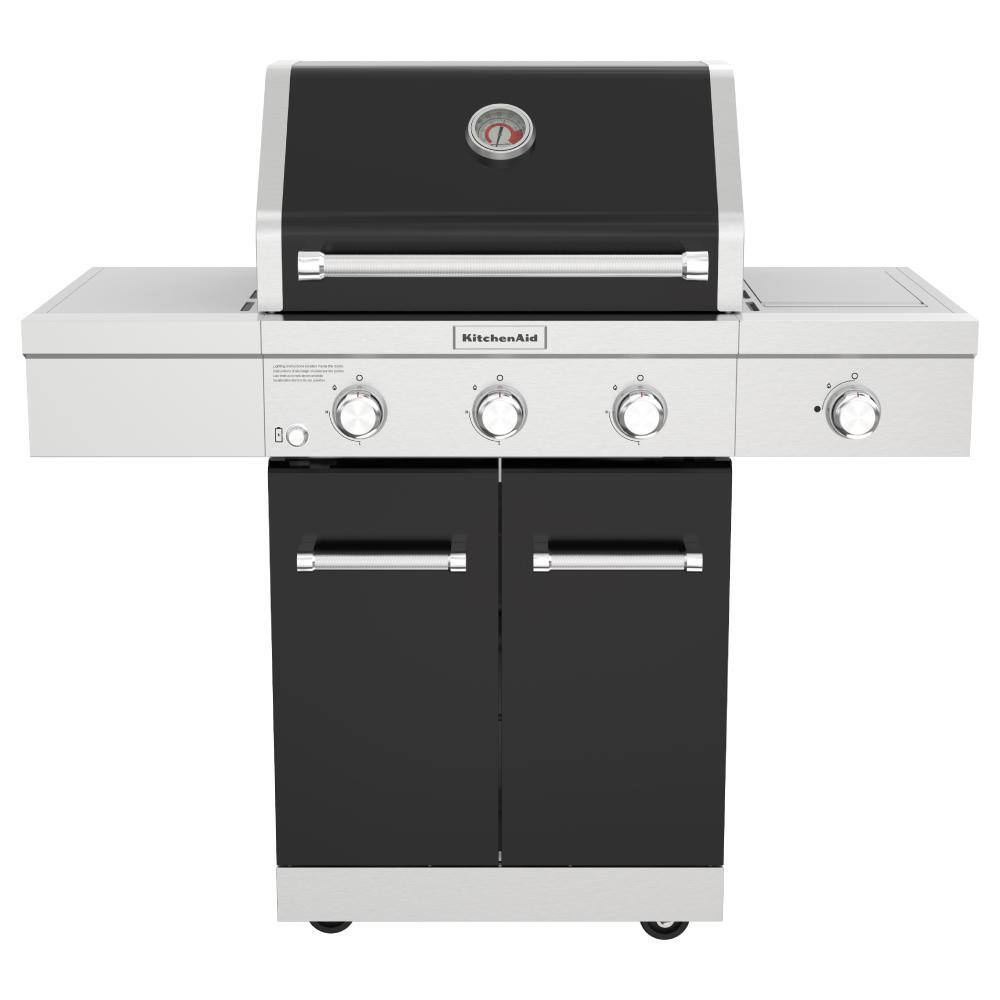 KitchenAid 720-0953AC 3-Burner Propane Gas Grill with Searing Side Burner and Silver PDC Side Shelves in Black