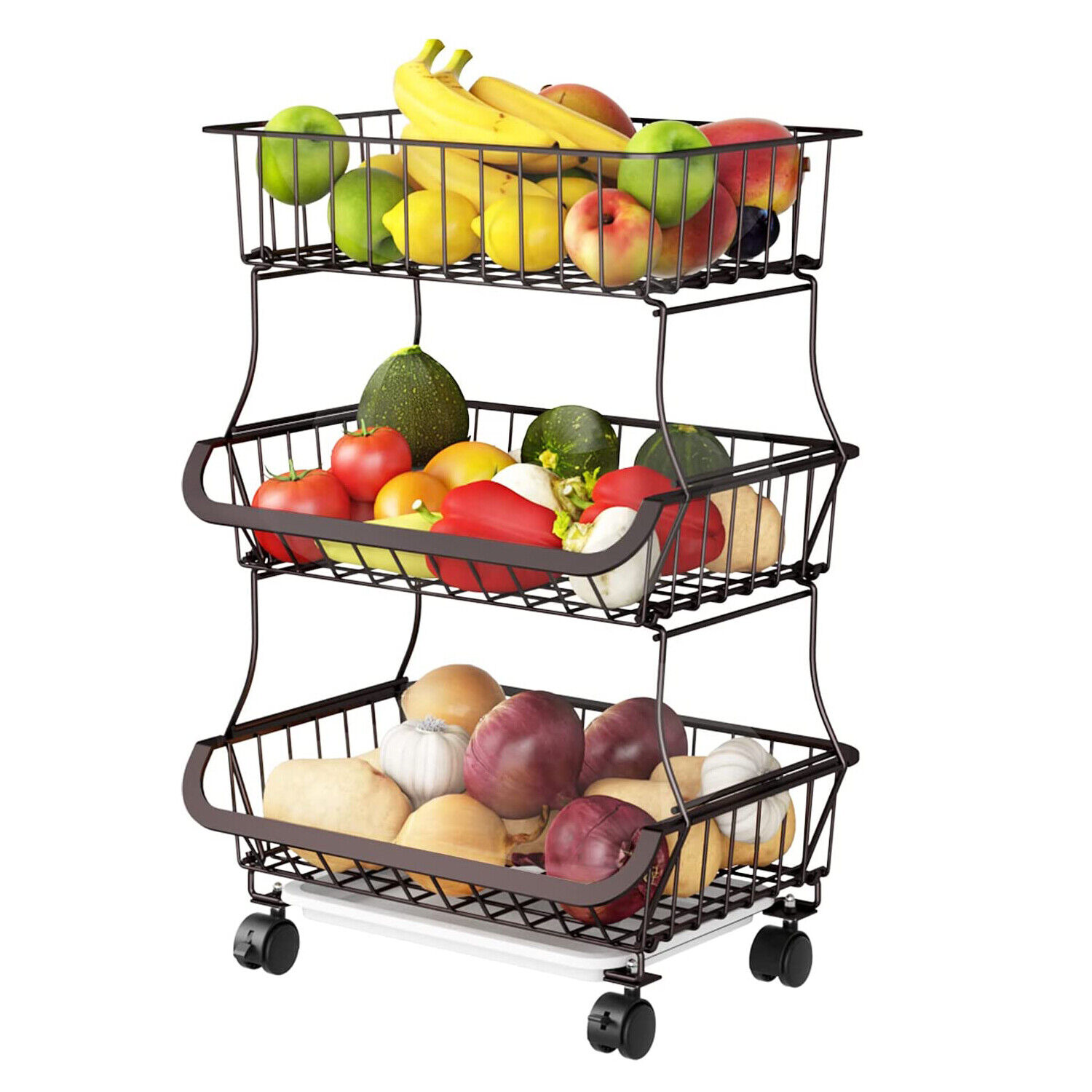 3Tier Fruit Trolley Kitchen Metal Wire Vegetable Storage Basket Cart With Wheels
