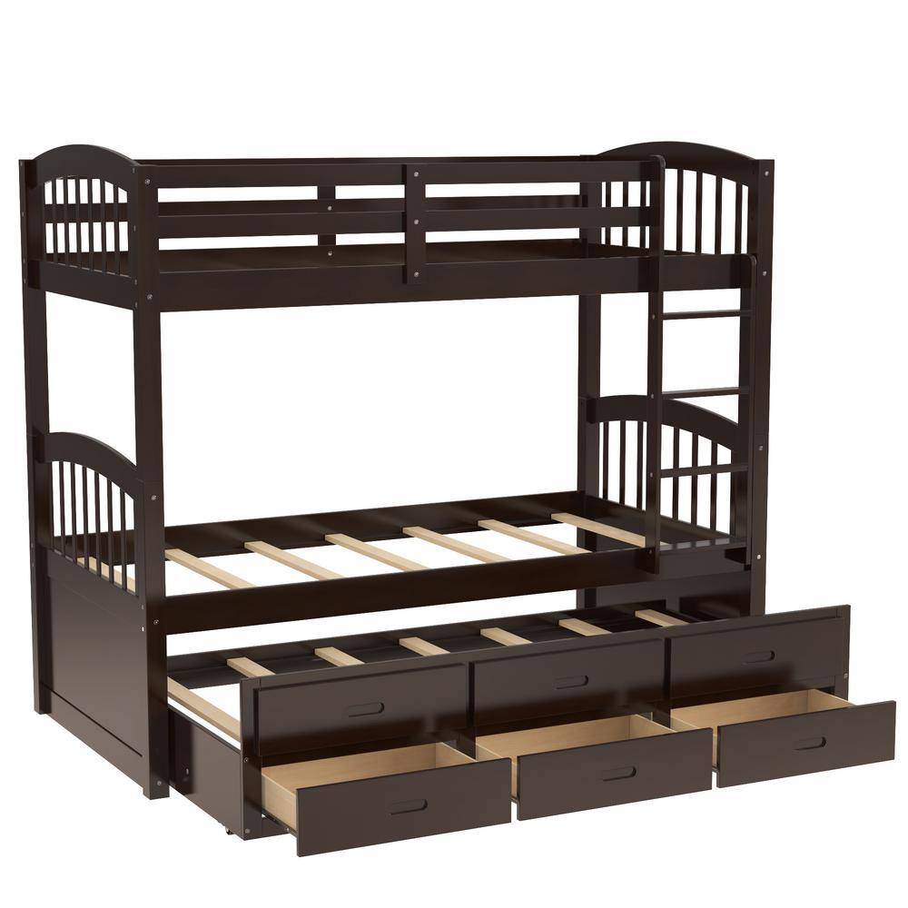 Harper & Bright Designs  Espresso Chamblee Twin over Twin Bunk Bed with Trundle and Drawers