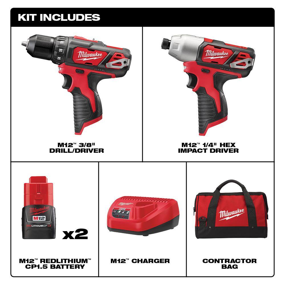 Milwaukee 2494-22-48-89-4630 M12 12V Lithium-Ion Cordless Drill Driver/Impact Driver Combo Kit (2-Tool) with Titanium Drill Bit Set (15-Piece)