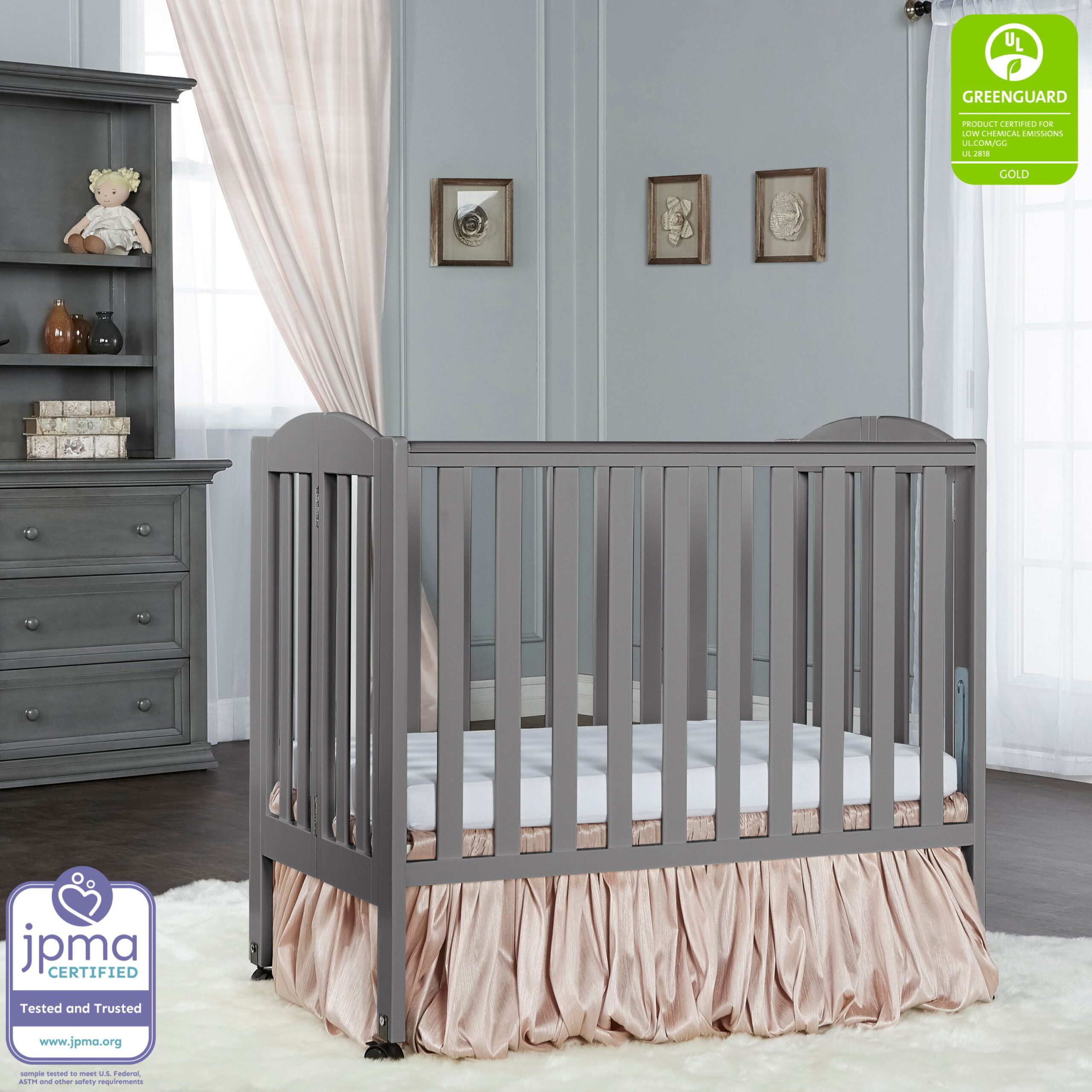 Dream On Me. 2-in-1 Folding Crib in Storm Grey