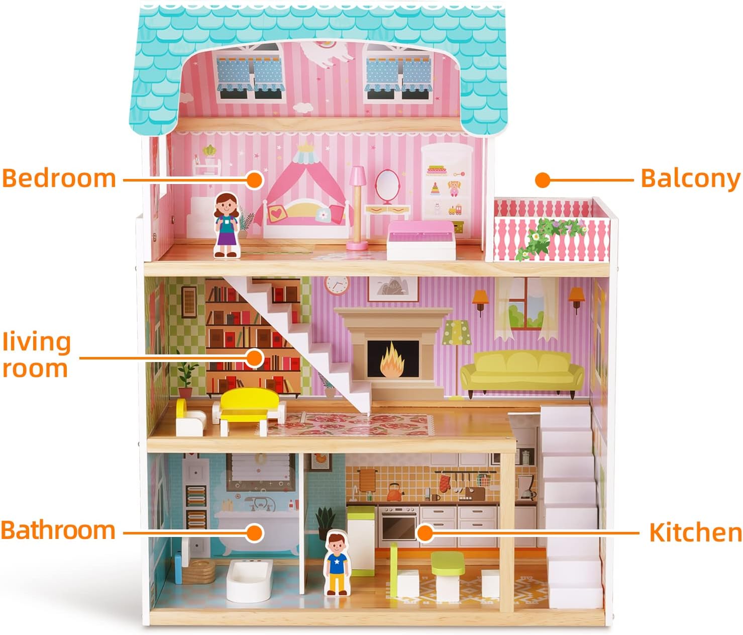 TOOKYLAND Doll House 2.6 Feet High Wooden Dollhouse with 15 Pieces Furniture. Barbie Playhouse for Kids