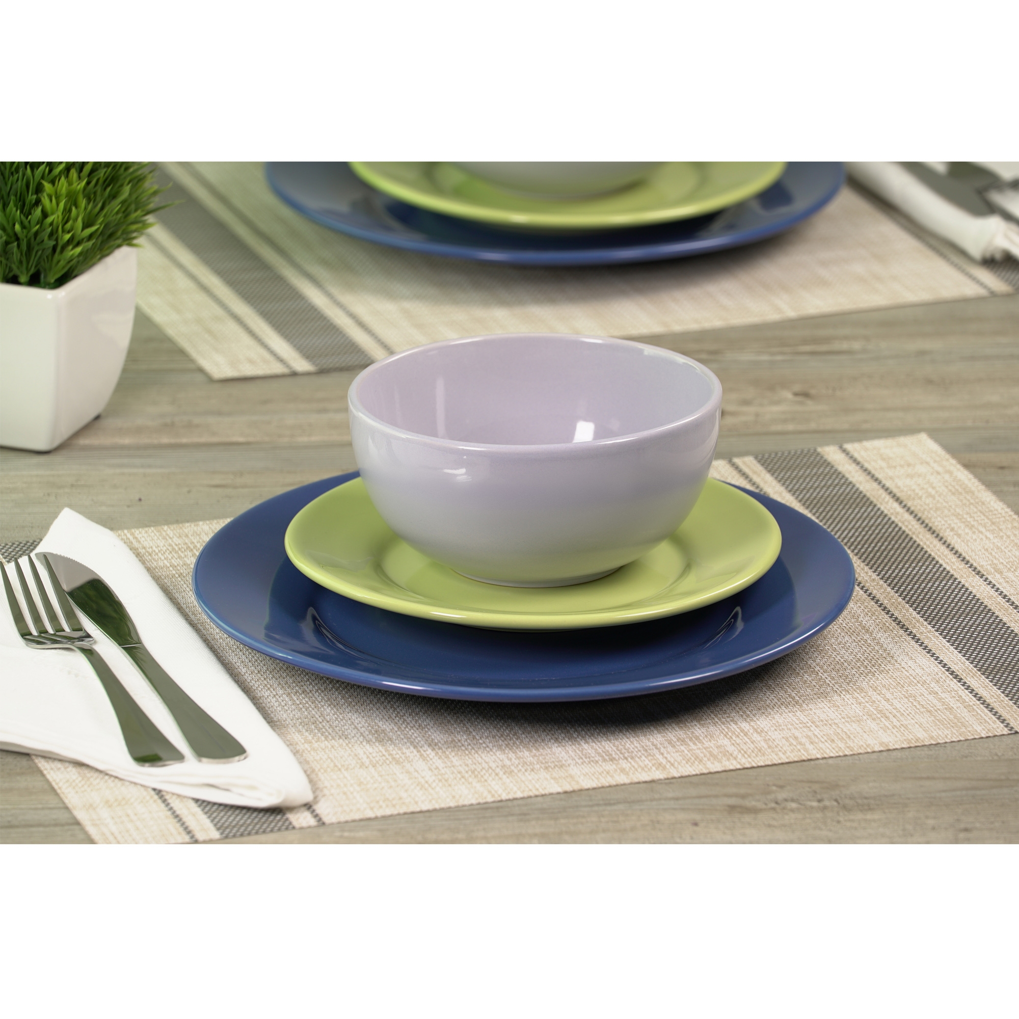 Mainstays Pastel 12-Piece Round Stoneware Dinnerware Set. Cool Tones