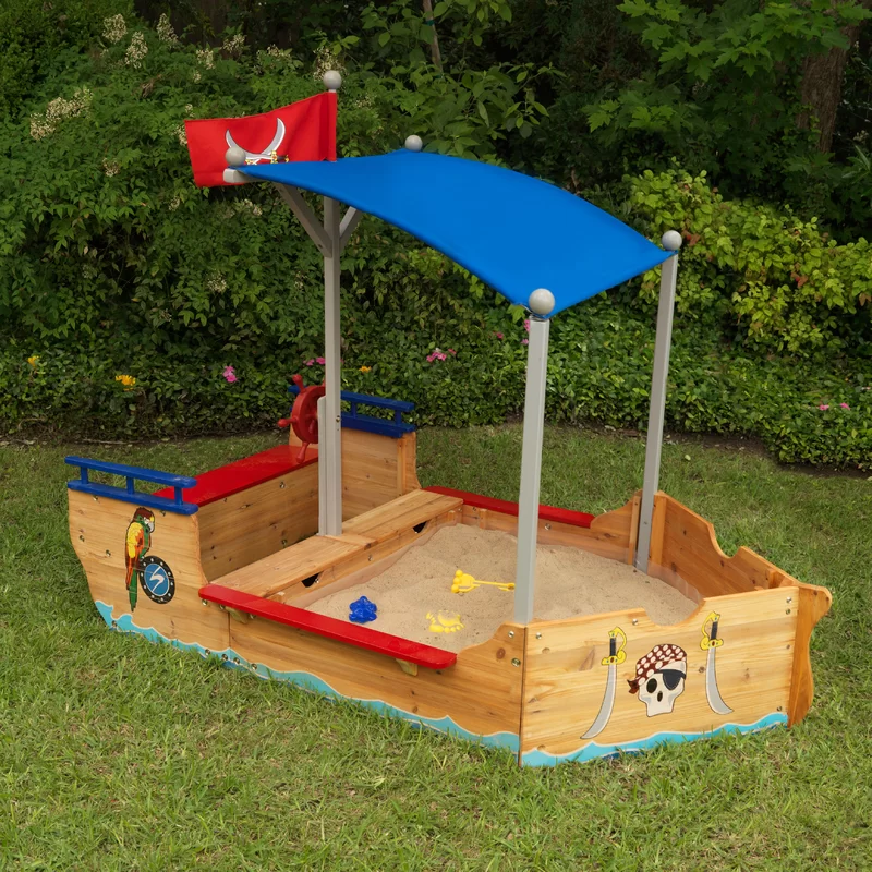 KidKraft Wooden Pirate Sandbox with Canopy. Covered Children-s Sandbox. Outdoor Furniture - Blue & Red. Gift for Ages 3-8