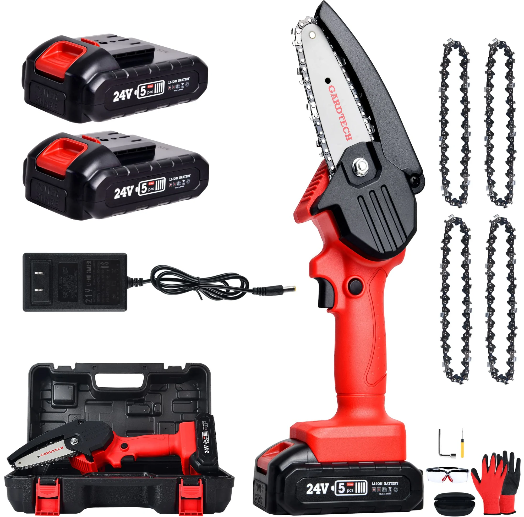 Gardtech Mini Chainsaw. 4-Inch Cordless Chainsaw. Battery Powered Chainsaw for Wood Cutting Tree Branch Trimming - 2 Hours Working Time - with 2 Battery.Quick Charger. 4 Chains