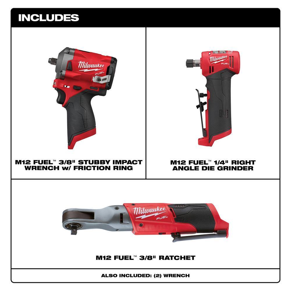 Milwaukee 2554-20-2485-20-2557-20 M12 FUEL 12V Lithium-Ion Brushless Cordless Stubby 3/8 in. Impact Wrench / 3/8 in. Ratchet/Die Grinder (3-Tool)