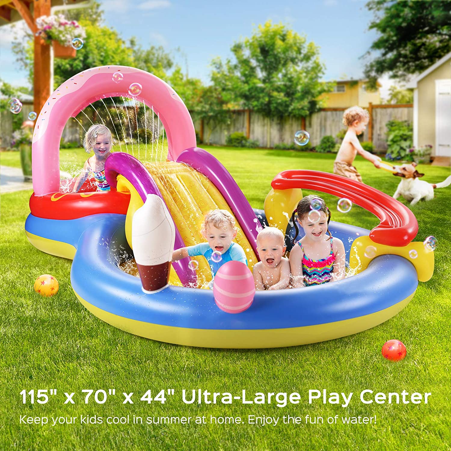 Inflatable Play Center. Hesung 115″ X 70″ X 44″ Full-Sized Kiddie Pool with Slide. Fountain Arch. Ball Roller for Toddler. Kids. Baby. Thick Wear-Resistant Big Above Ground. Garden Backyard Water Park