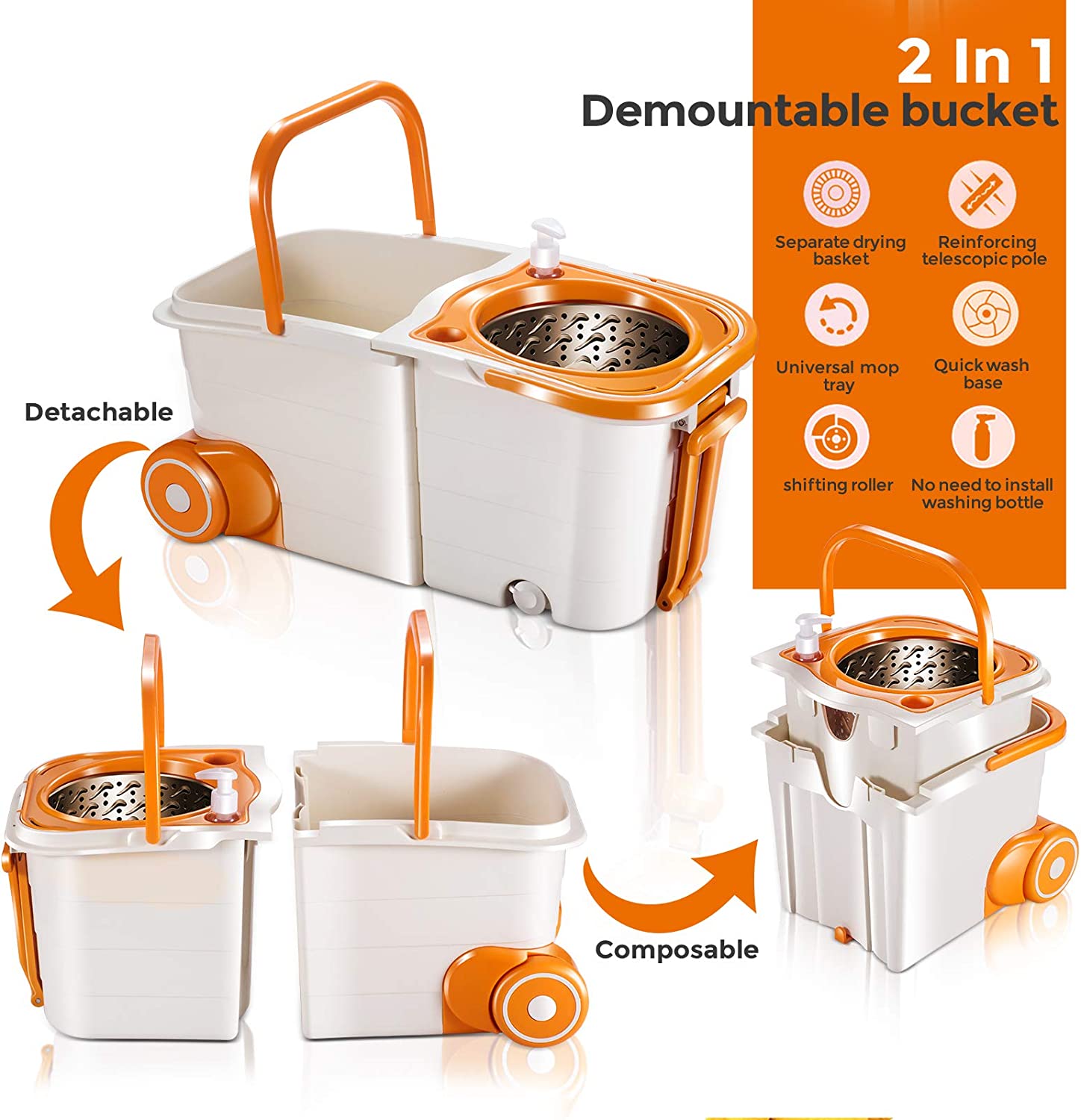 MASTERTOP Spin Mop Bucket System with Wringer Set - Floor Mop Stainless Steel Mop Handle. Mop Buckets Separate Clean and Dirty Water. 4 Washable Microfiber Mop Head. Cleaning Bucket Easy to Store