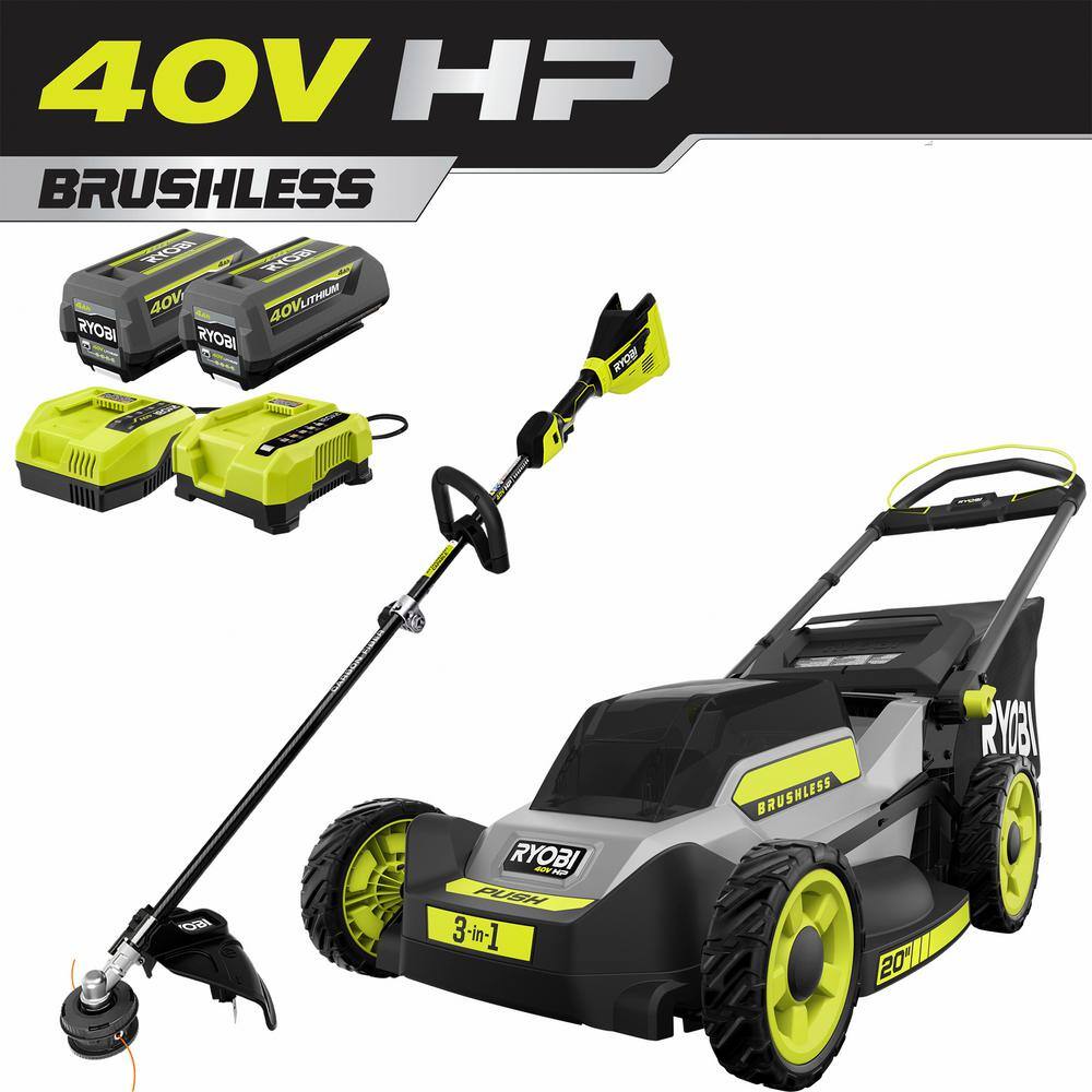 RYOBI RY401170-4X 40V HP Brushless 20 in. Cordless Battery Walk Behind Push Mower & String Trimmer with (2) Batteries and Chargers