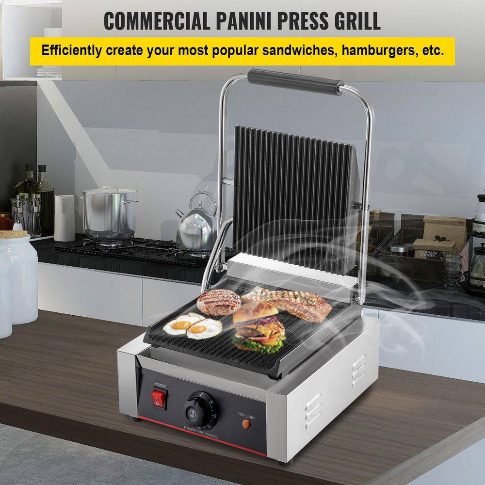 VEVOR  Commercial Sandwich Panini Press Grill 1800-Watt Single Full Grooved Plates Stainless Steel Sandwich Maker. Silver