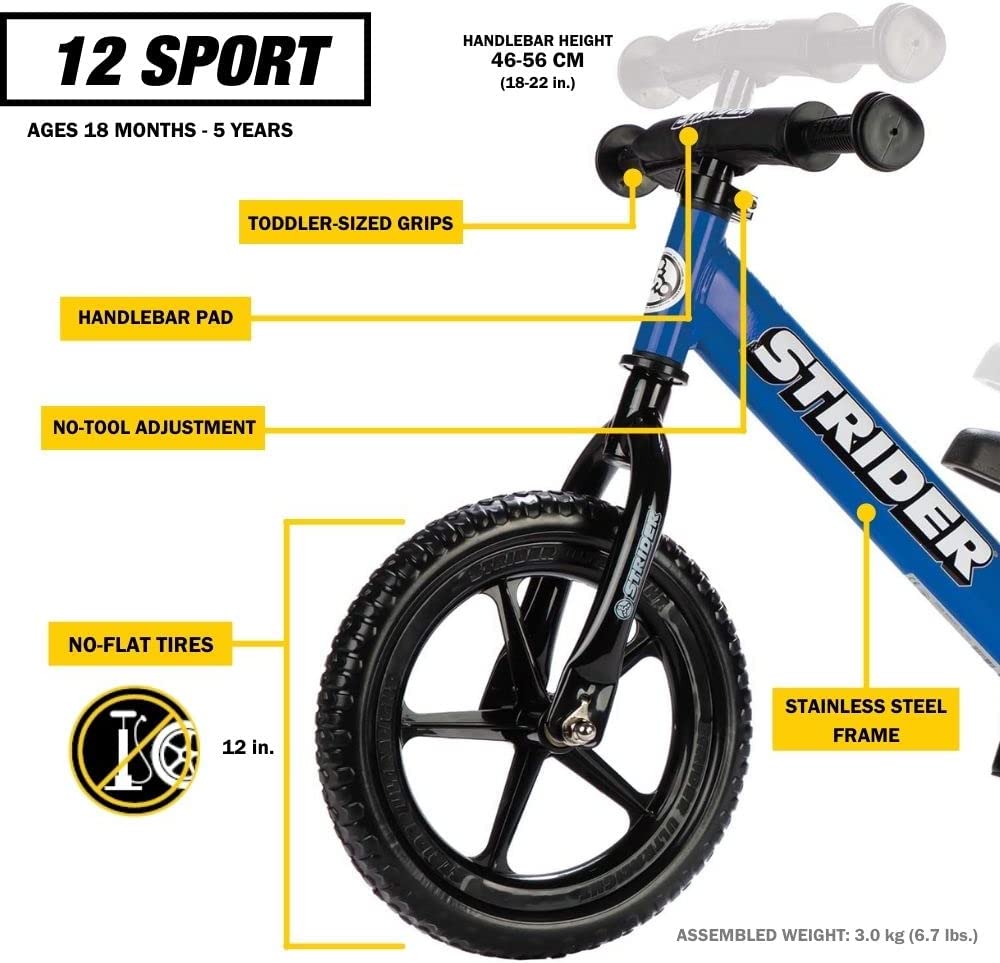 Strider - 12 Sport Kids Balance Bike. No Pedal Training Bicycle. Lightweight Frame. Flat-Free Tires. For Toddlers and Children Ages 18 Months to 5 Years Old (Yellow)