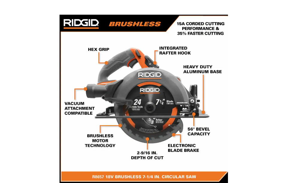 RIDGID R8657B 18V Brushless Cordless 7-1/4 in. Circular Saw (Tool Only)