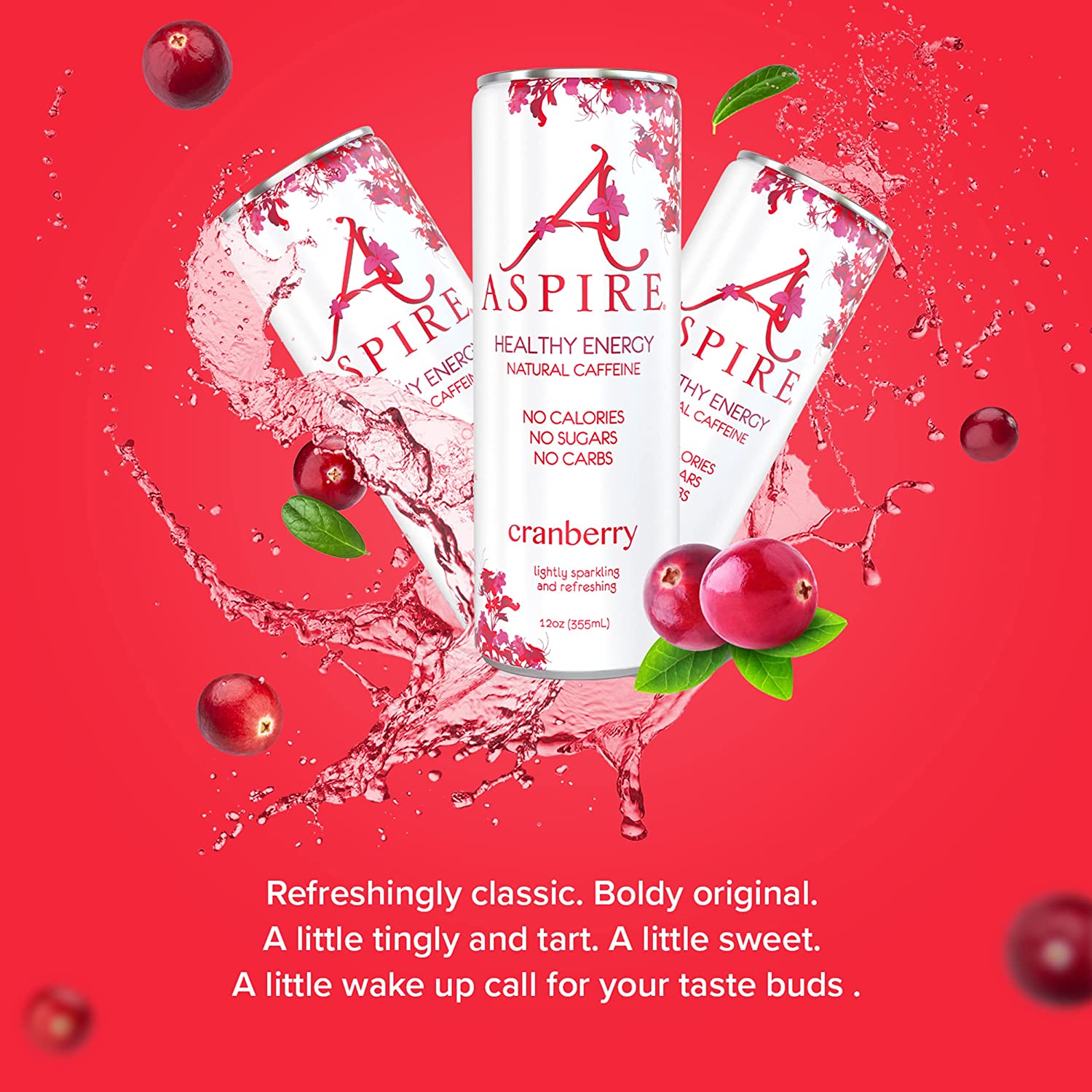 Aspire Healthy Energy Drink. Cranberry (Pack of 12) 12 oz Cans. Natural Caffeine and Zero Sugar. Coffee Substitute. Vitamins B & C. Keto. Vegan. and Kosher Friendly