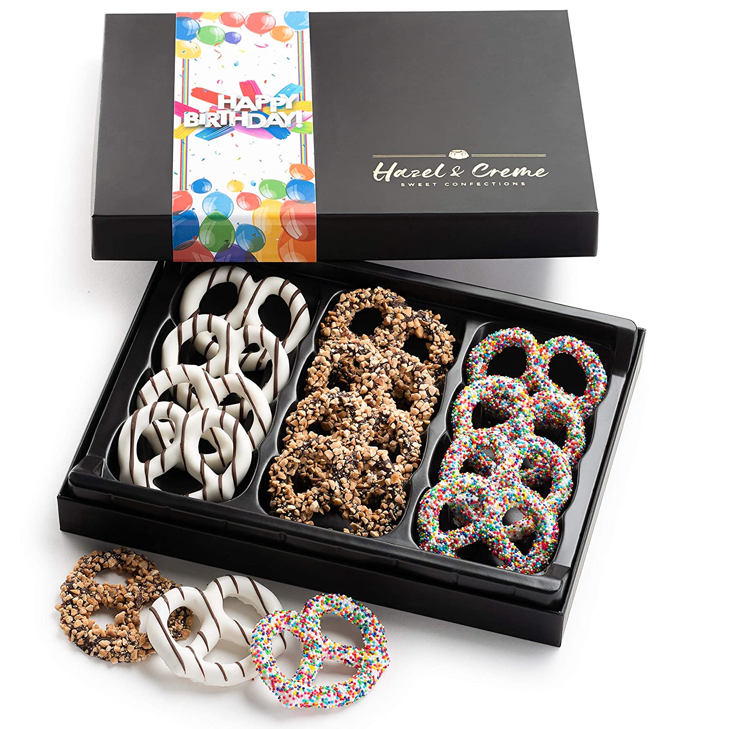 Hazel & Creme Chocolate Covered Pretzels - HAPPY BIRTHDAY Chocolate Gift Box - Gourmet Food Gift (Large Box)